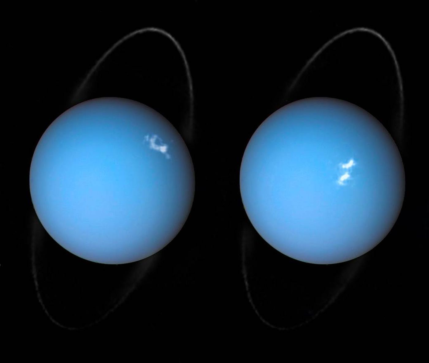 New composite images shared by NASA show auroras occuring on Uranus' surface.