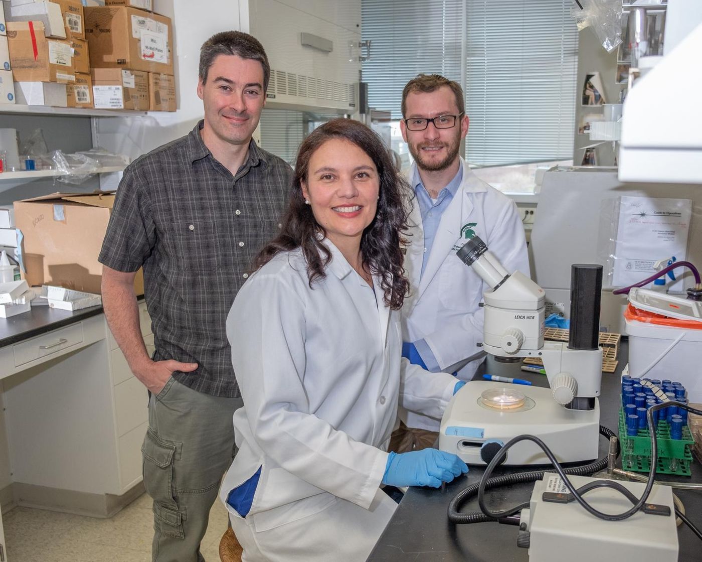 Michigan State University microbiology professor Chris Waters (pictured left), with research associates Micheal Maiden and Alessandra Hunt, have found that a common antibacterial substance found in toothpaste may combat life-threatening diseases such as cystic fibrosis when combined with the already FDA-approved antibiotic tobramycin. /Credit: Derrick Turner