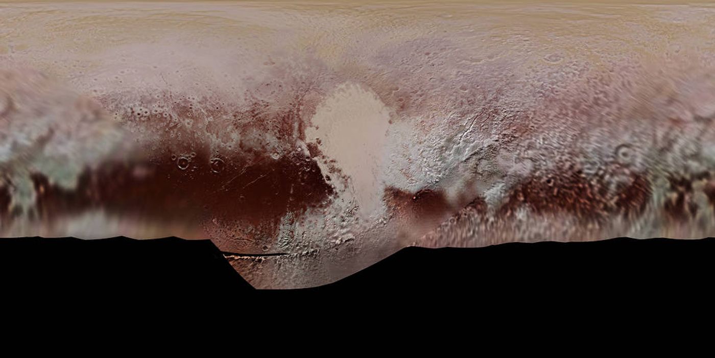 NASA made this mosiac of Pluto's surface to show its unique color patterns as discovered by New Horizons during its closest approaches.