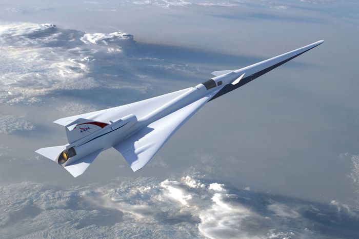An artist's rendering of the low-boom supersonic aircraft flying through the air.