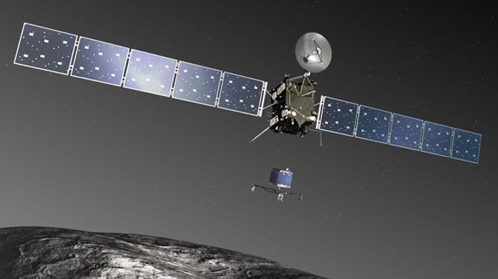 An artist's impression of the Rosetta spacecraft dropping off the Philae lander on comet 67P.