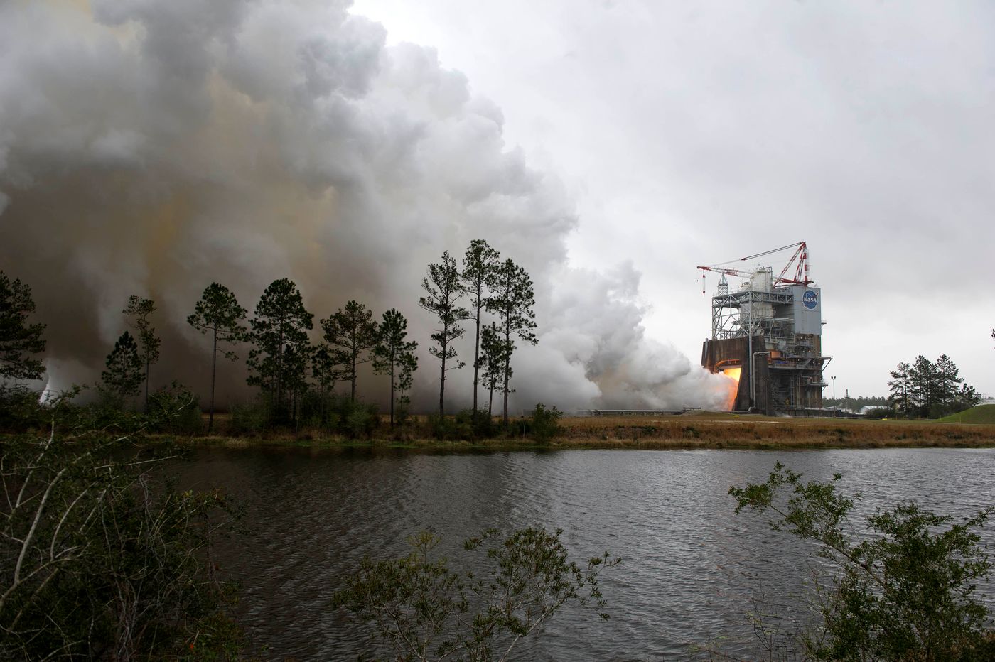 NASA's RS-25 rocket engine burns during a bench test performed last week.