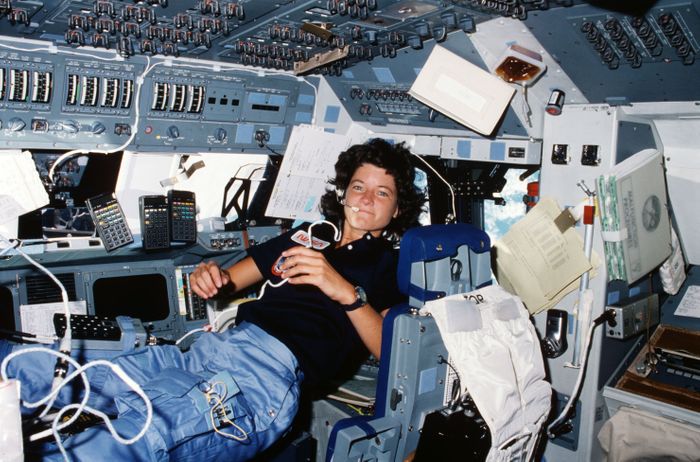 Sally Ride, first American woman in space, floats in the flight deck of the Space Shuttle Challenger. Credit: NASA