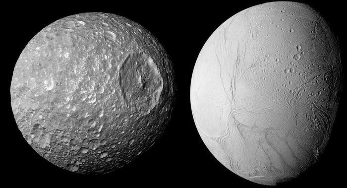 Saturn's small moon Mimas (left) could have an internal ocean beneath a thick icy surface, just like its much larger neighbor Enceladus (right).