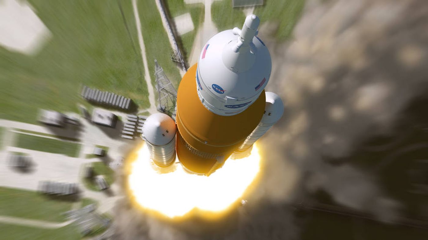 An artist's birds-eye-view impression of the SLS rocket launching from the ground.