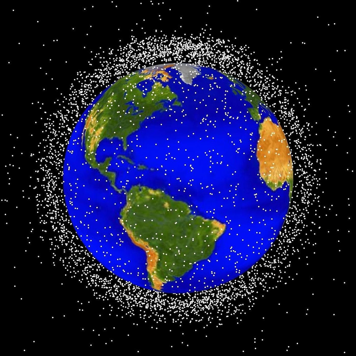 An artist's impression of all the space junk orbiting Earth (not drawn to scale).