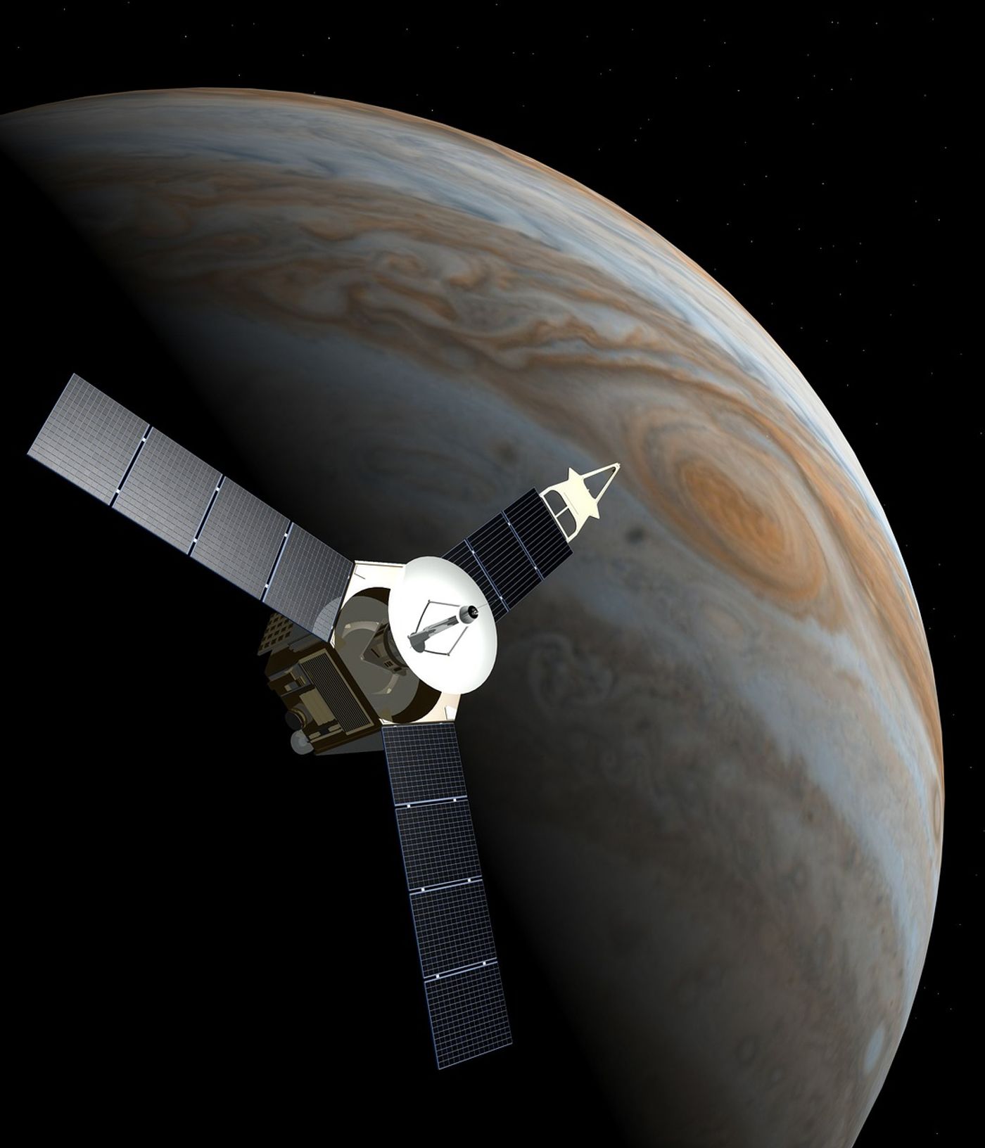 An artist's impression of the Juno spacecraft as it orbits Jupiter.