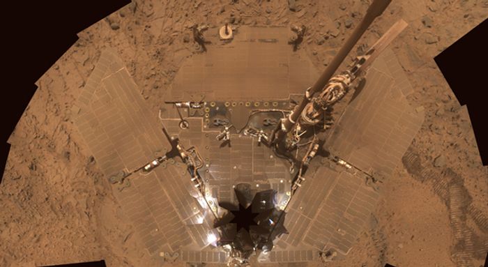 Martian dust covers Spirit's solar panels.