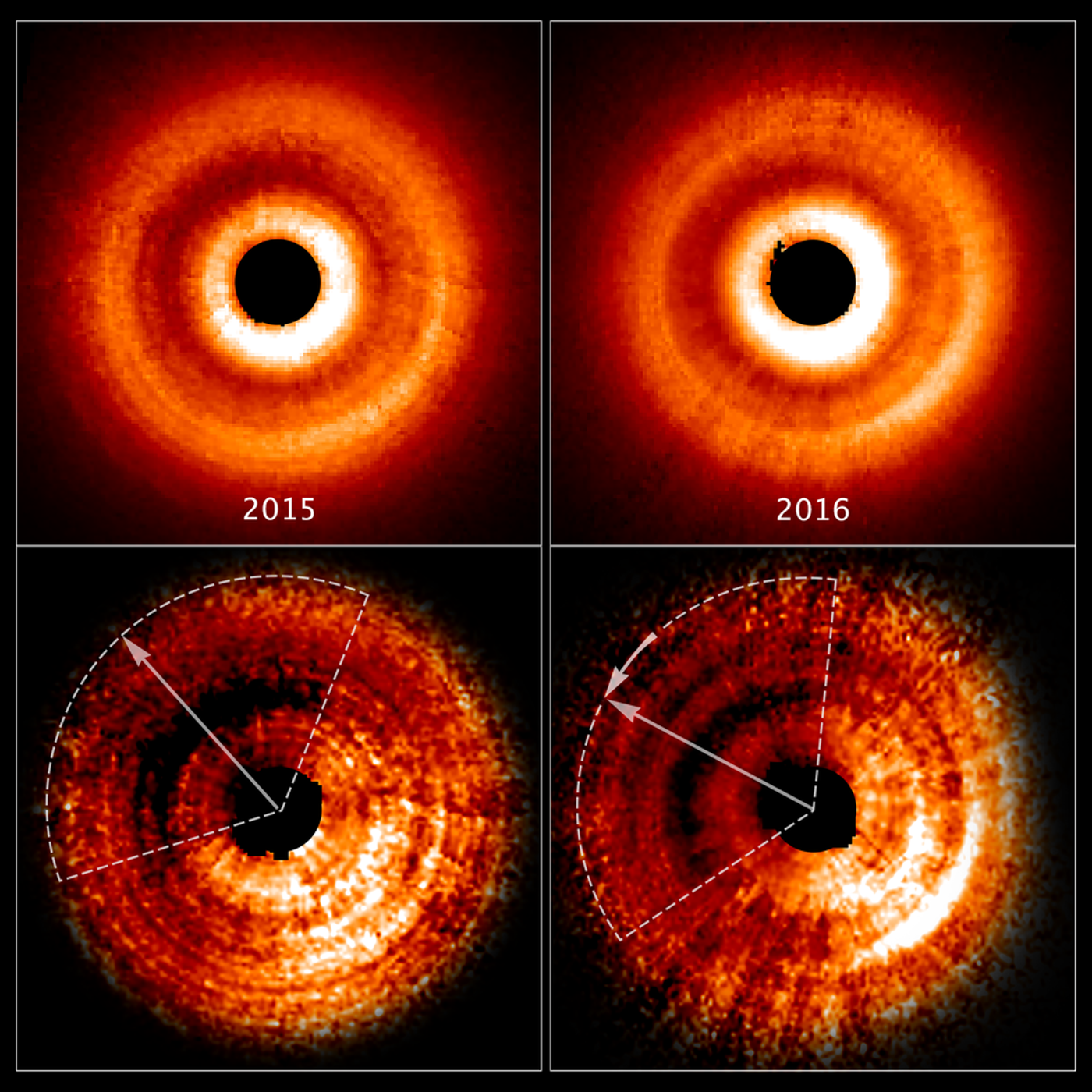 Hubble's direct images show the distortion of the gas disk thanks to the unseen planet.