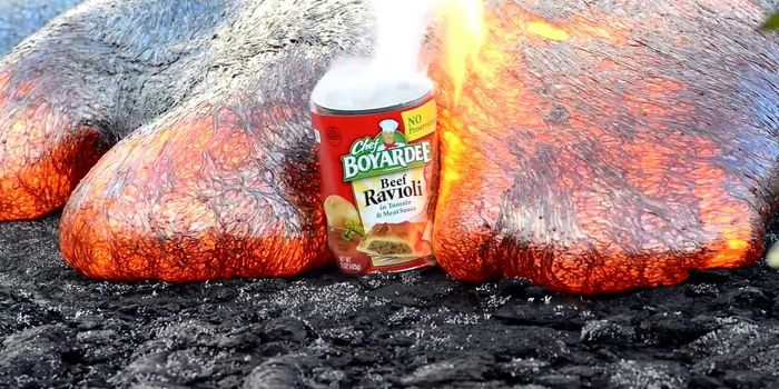 Hawaii Kilauea Volcano Puu Oo Vent Lava Flow Having a Can of Ravioli